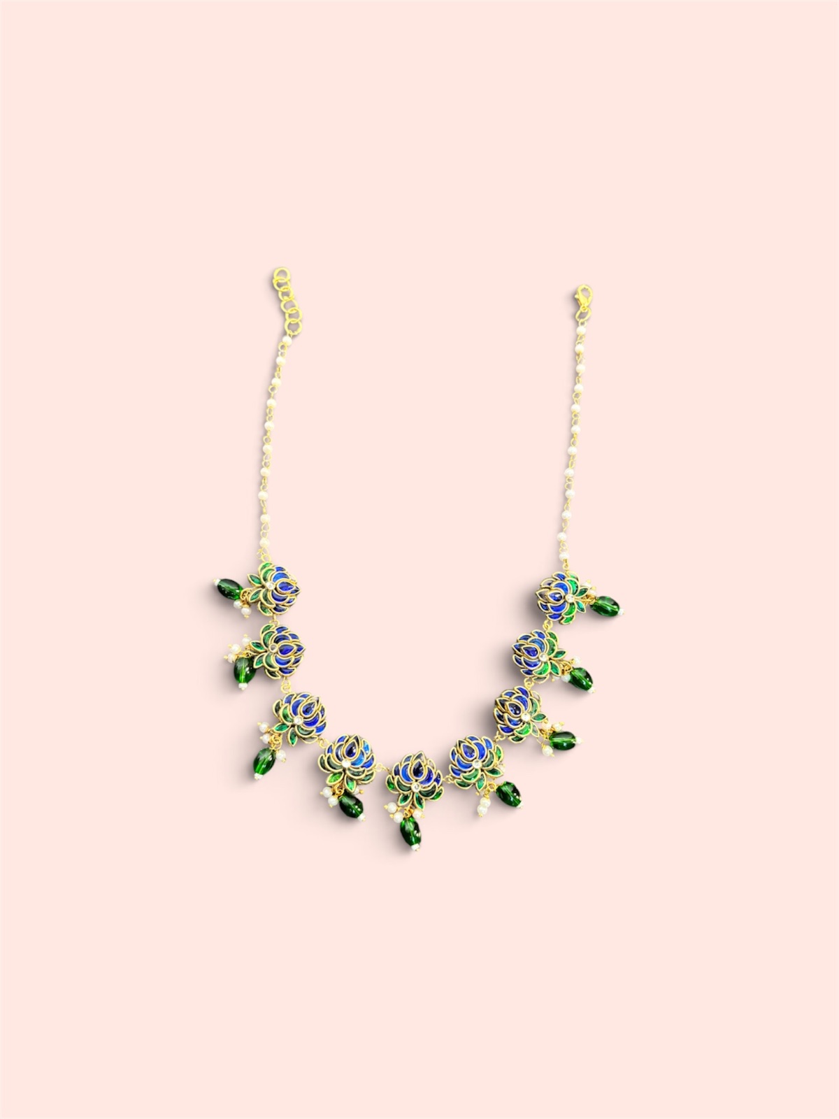 Blue & Green Lotus Neck Piece — Kundan Chain with Green Drops