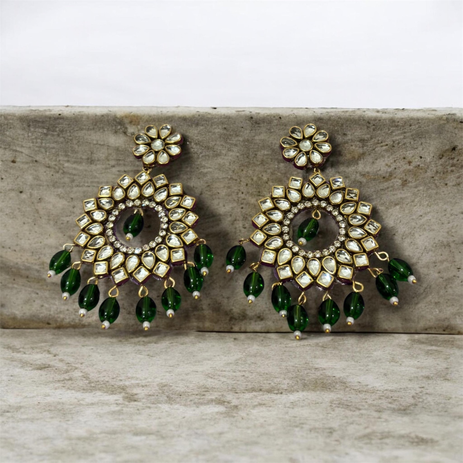 Kundan Drop Earrings — Green Beads, Gold Tone