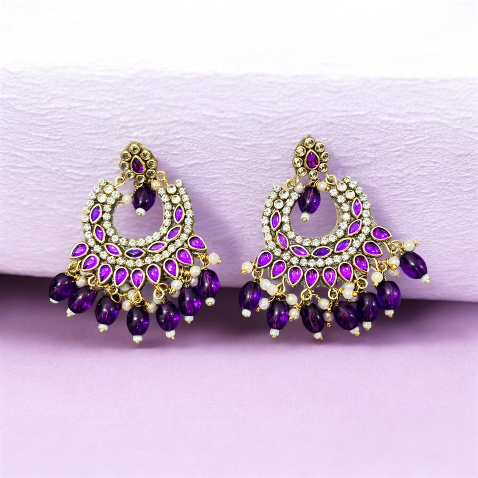 Purple Chandbali Earrings — Kundan with Bead & Pearl Fringe