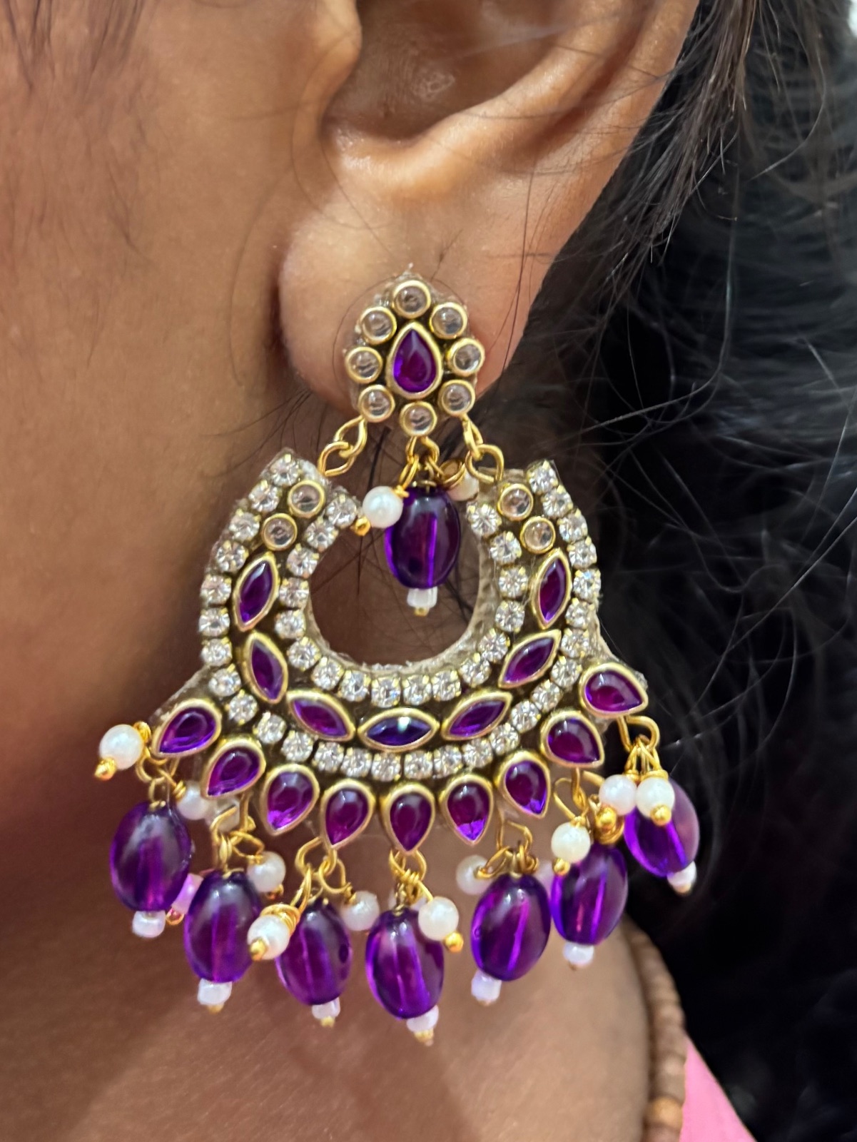 Purple Chandbali Earrings — Kundan with Bead & Pearl Fringe