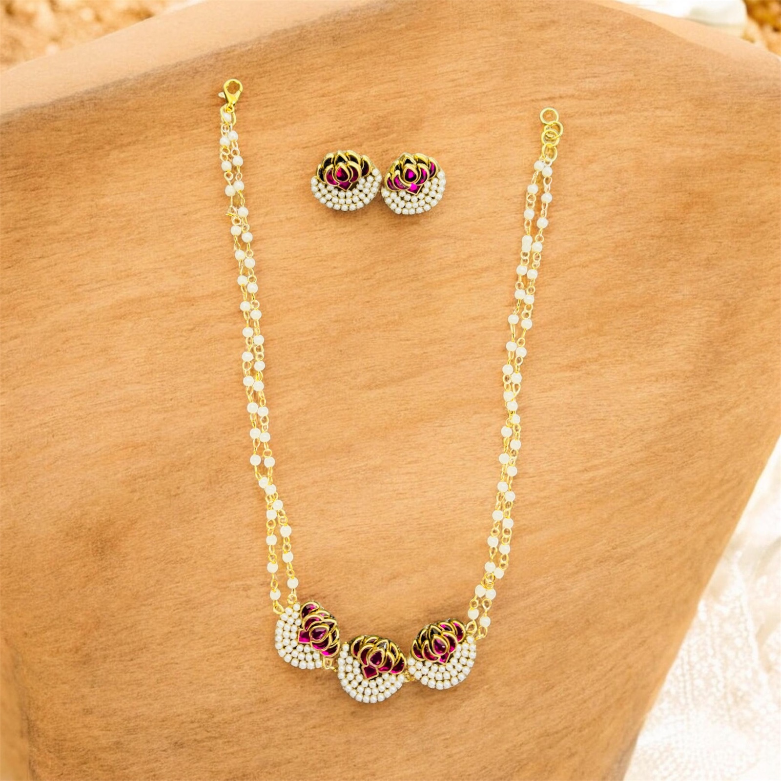 Pearl & Pink Lotus Neck Piece Set — With Matching Studs