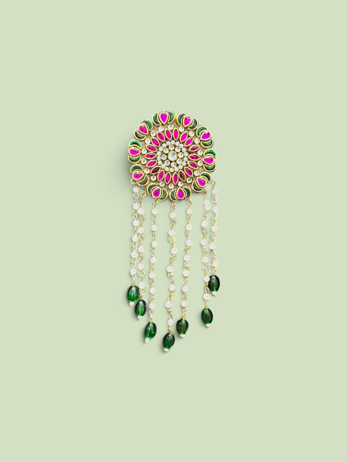 Pink & Green Kundan Jada Bille — Pearl Strands with Green Drops