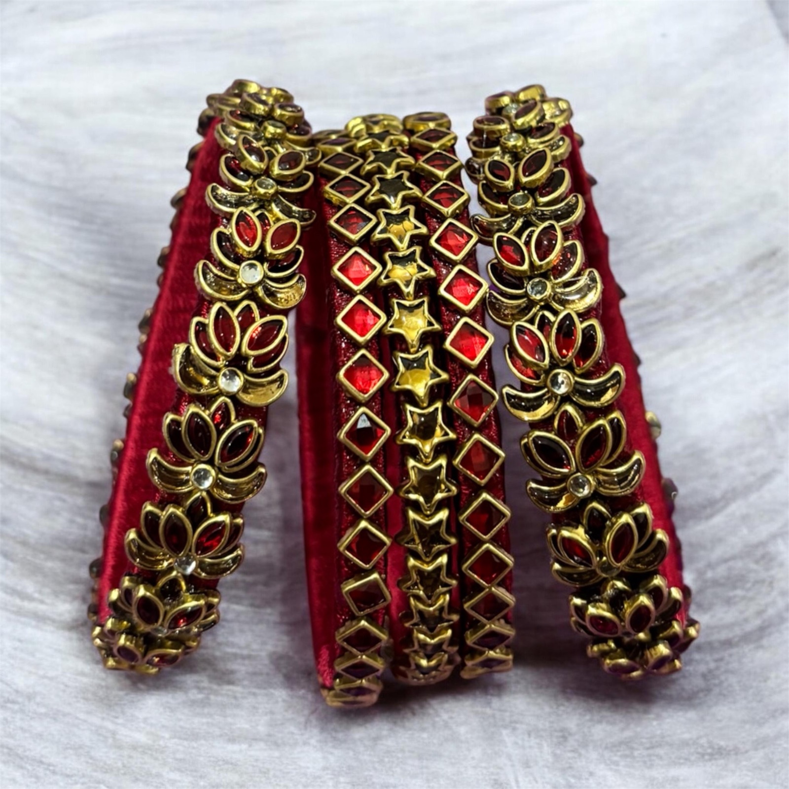 Red Silk Thread Kundan Bangle Stack — Lotus & Star Set of 5