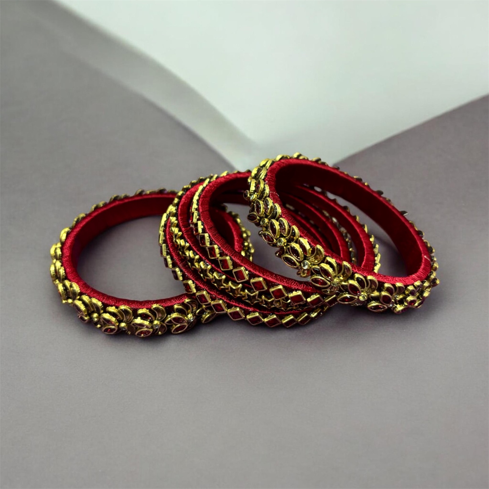 Red Silk Thread Kundan Bangle Stack — Lotus & Star Set of 5