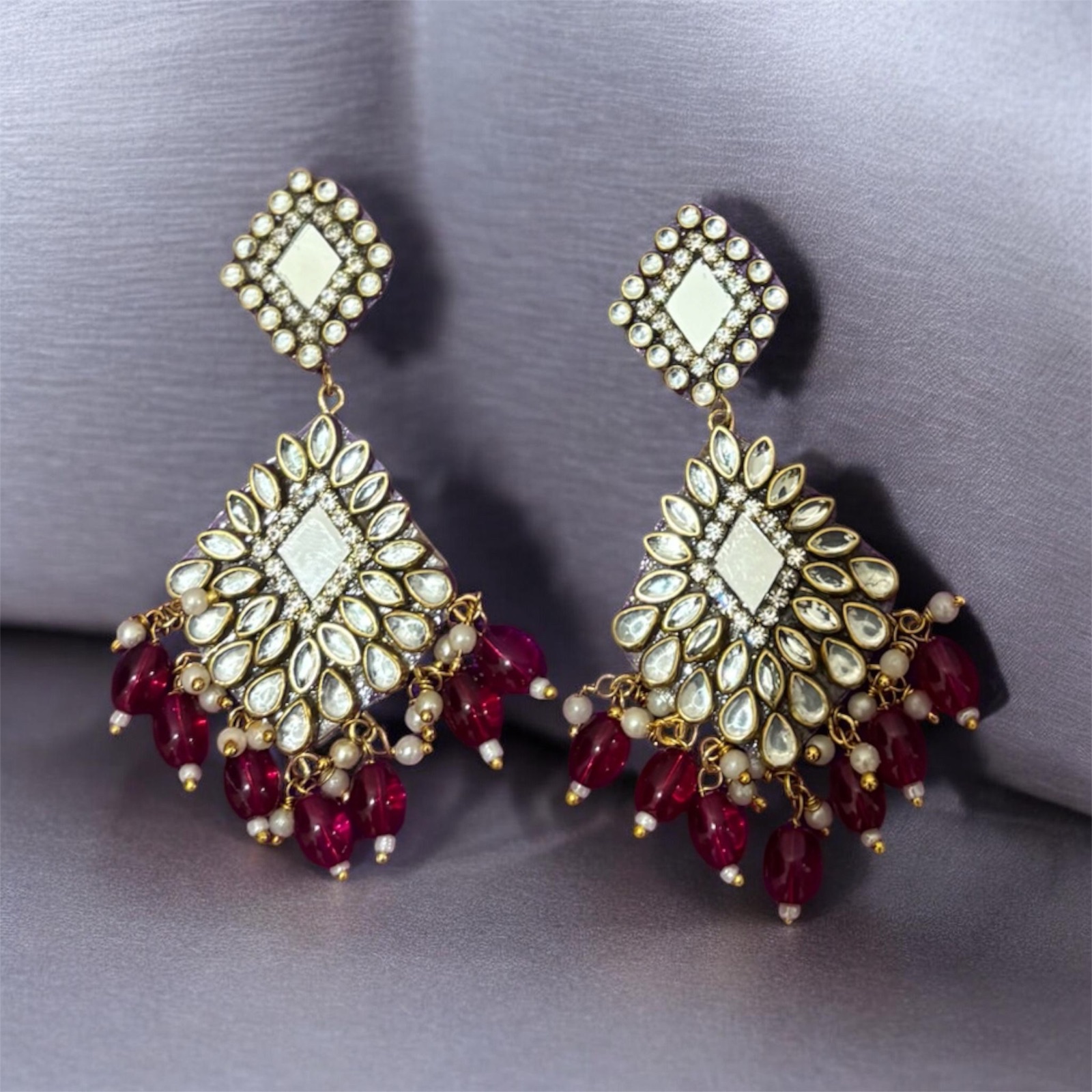 Kundan Fan Earrings — Pink Bead Fringe, Gold Tone
