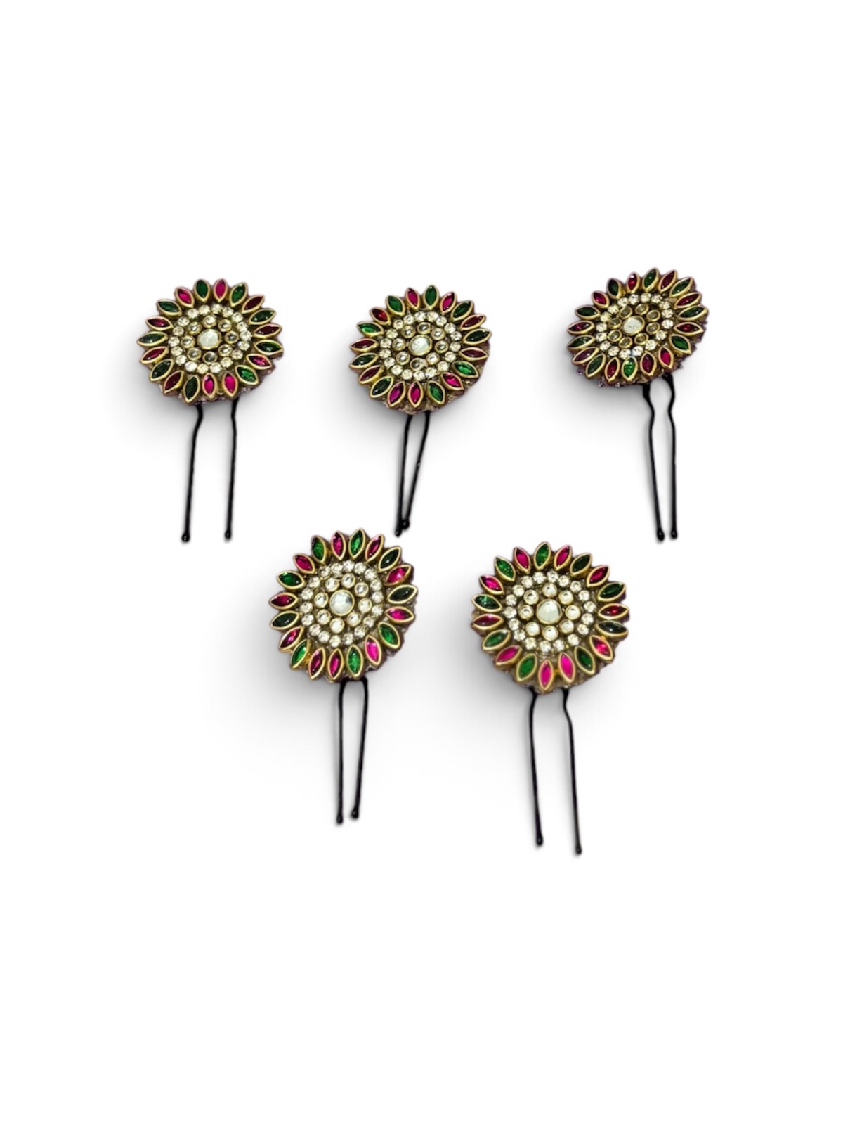 Kundan Flower Hair Pins — Gold Tone, Set of 5 