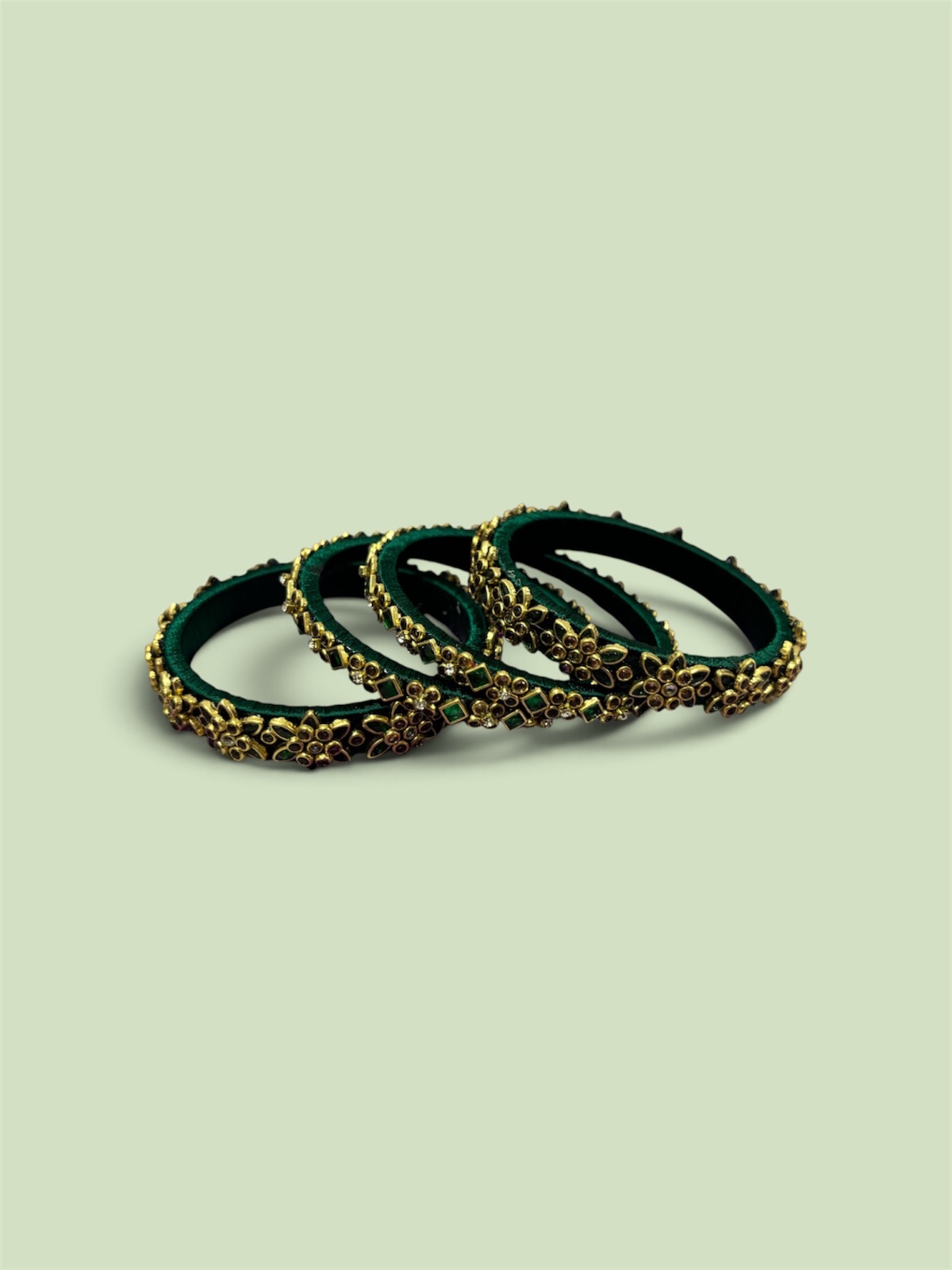 Dark Green Silk Thread Kundan Bangles — Gold Leaf Design