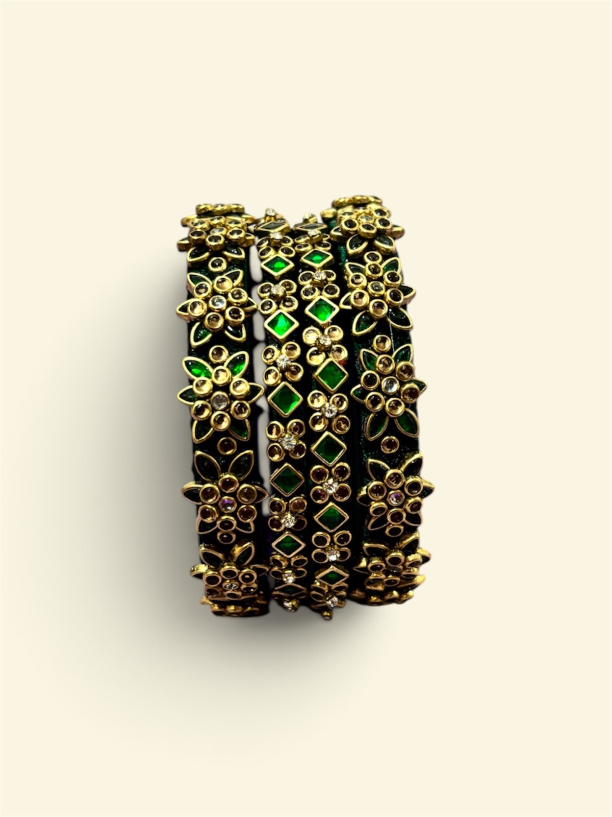 Dark Green Silk Thread Kundan Bangles — Gold Leaf Design
