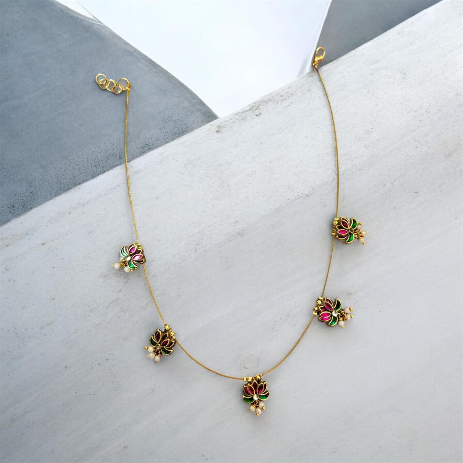 Pink & Green Lotus Neck Piece — Kundan Chain with Pearl Drops