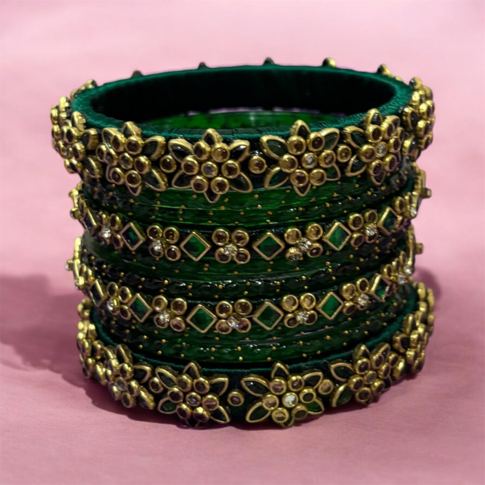 Bottle Green Silk Thread Kundan Bangle Stack — Star Flower Set