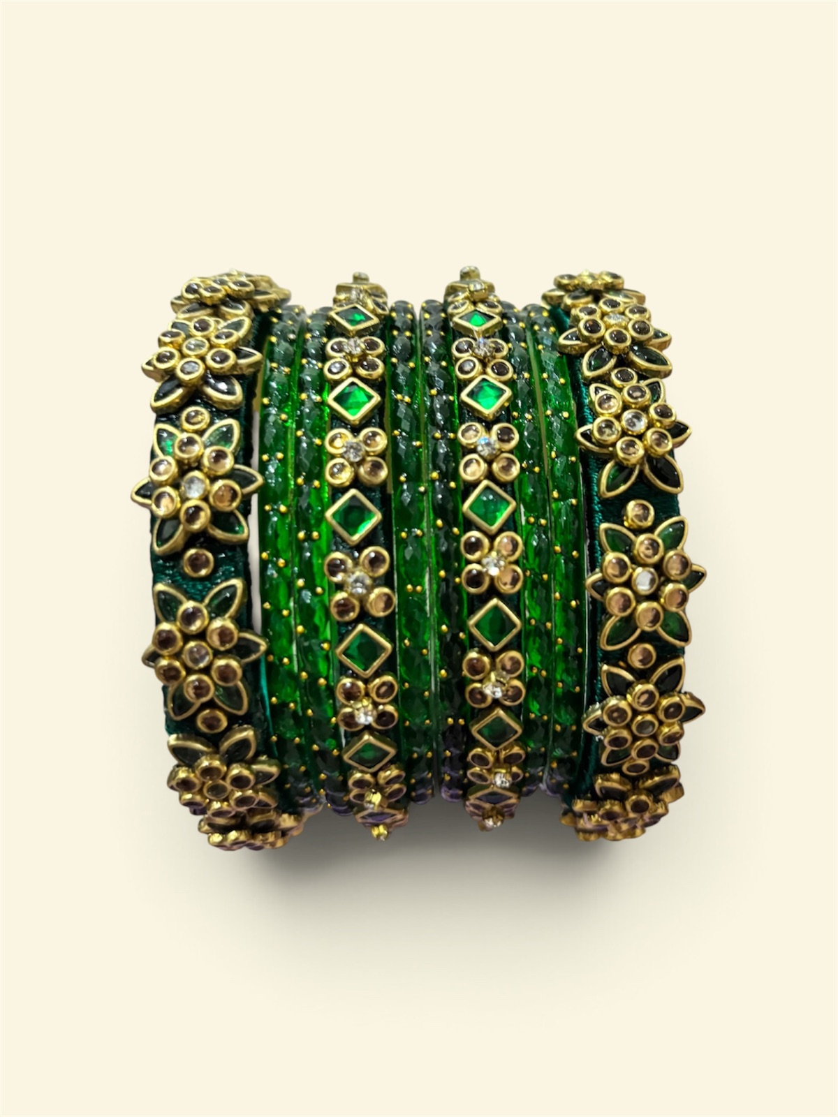 Bottle Green Silk Thread Kundan Bangle Stack — Star Flower Set