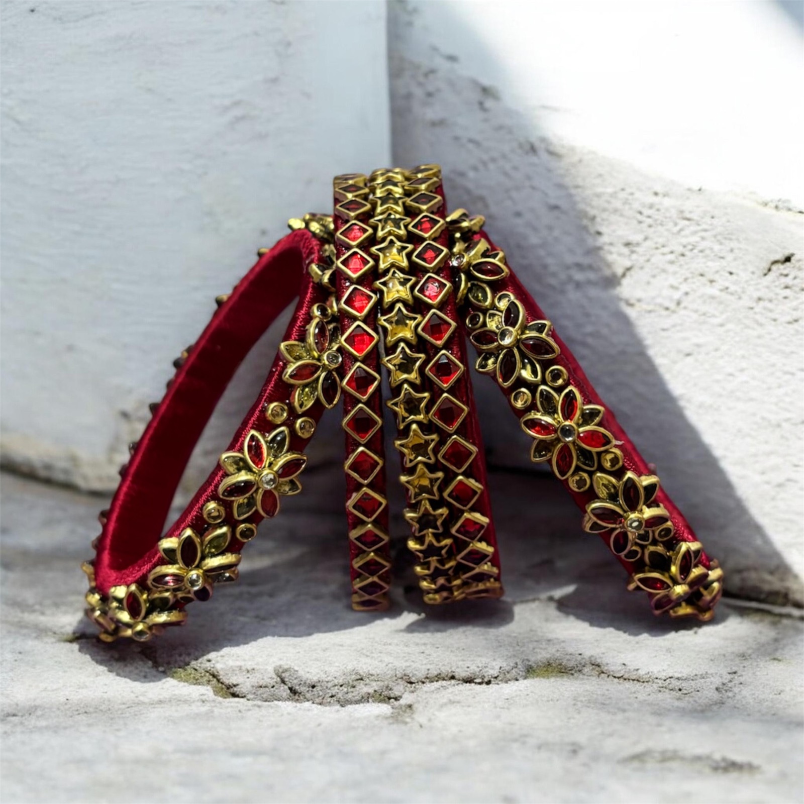Maroon Silk Thread Kundan Bangle Stack — Gold Star & Flower Set of 5