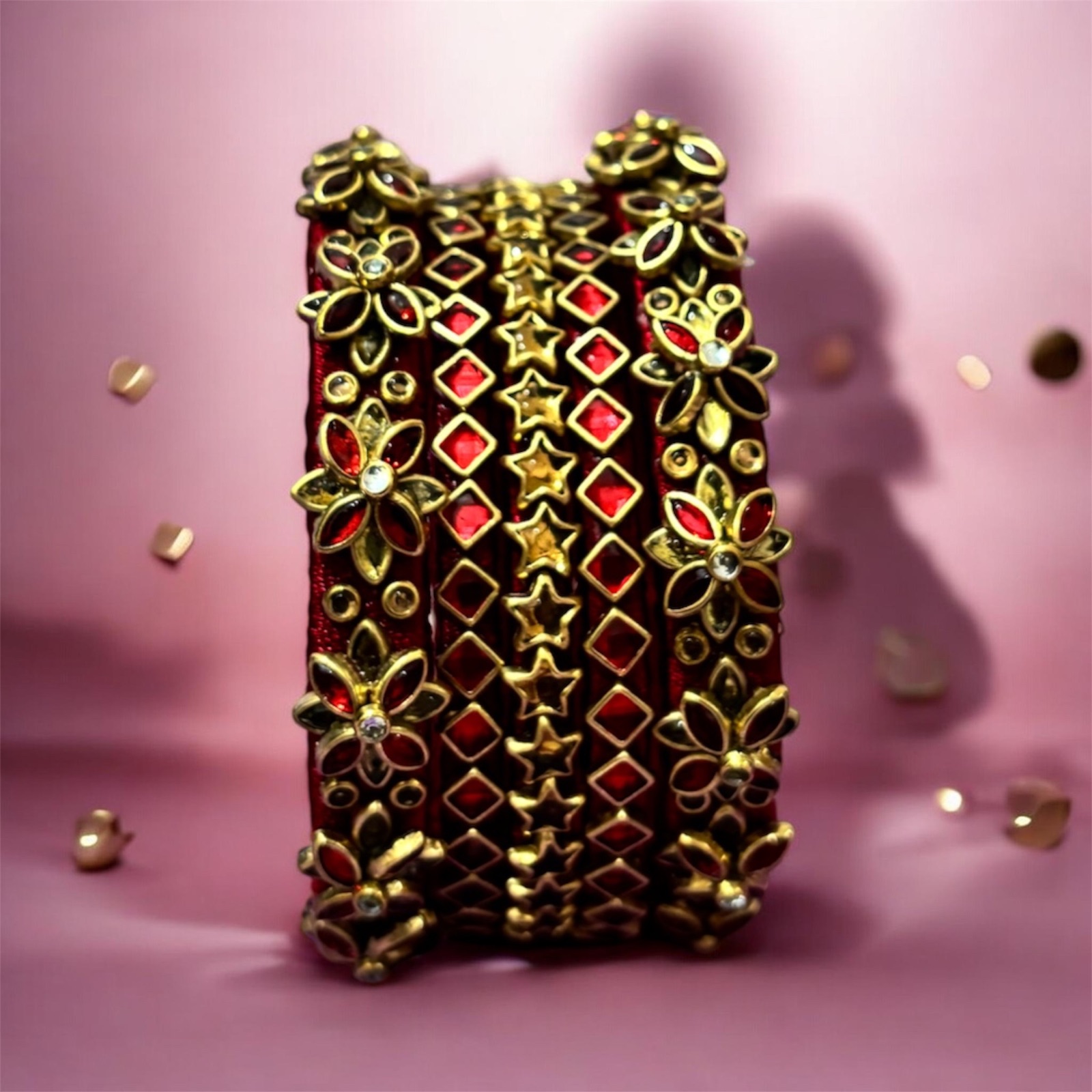 Maroon Silk Thread Kundan Bangle Stack — Gold Star & Flower Set of 5