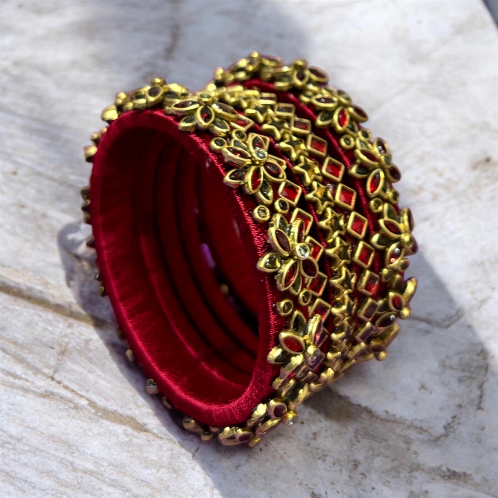 Maroon Silk Thread Kundan Bangle Stack — Gold Star & Flower Set of 5