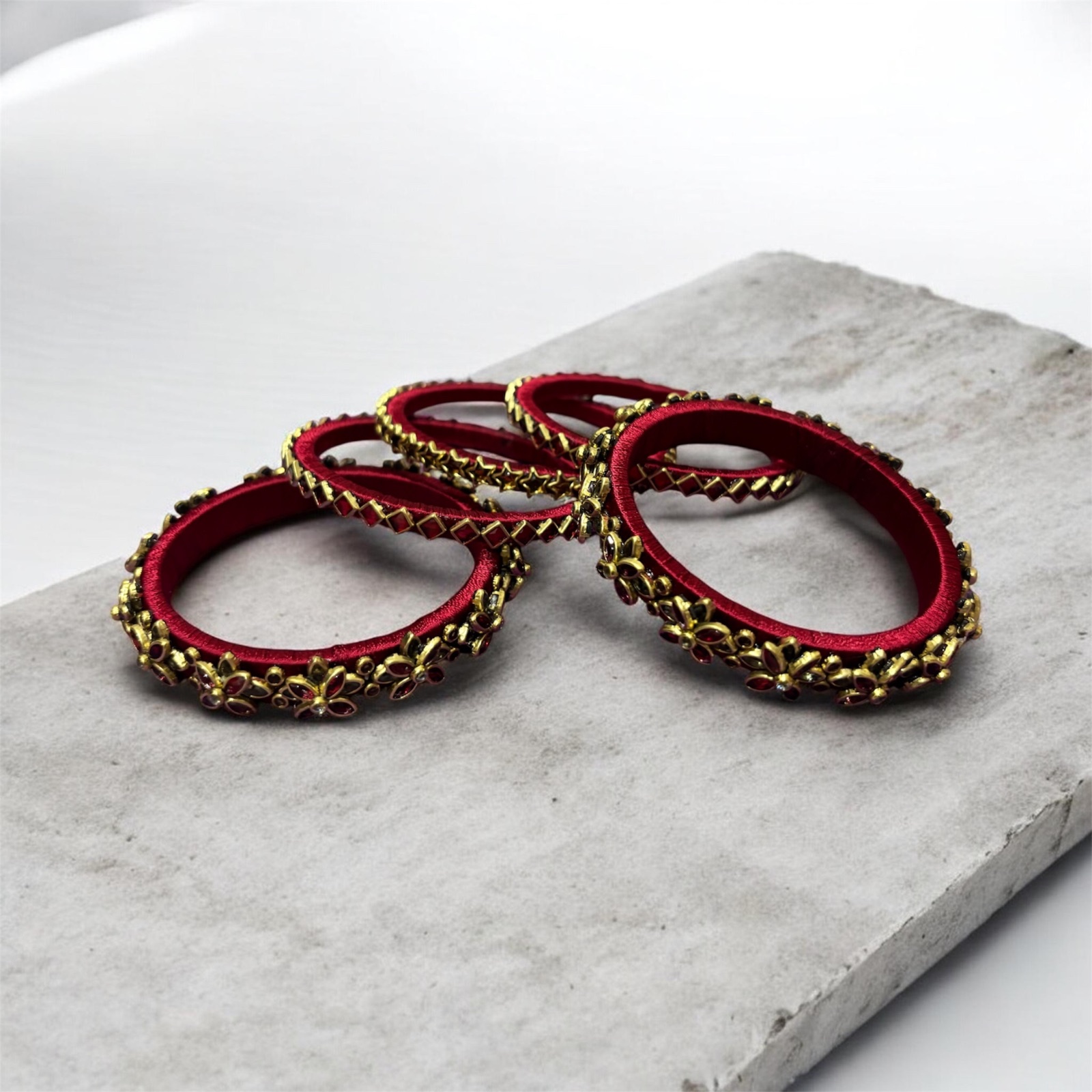 Maroon Silk Thread Kundan Bangle Stack — Gold Star & Flower Set of 5