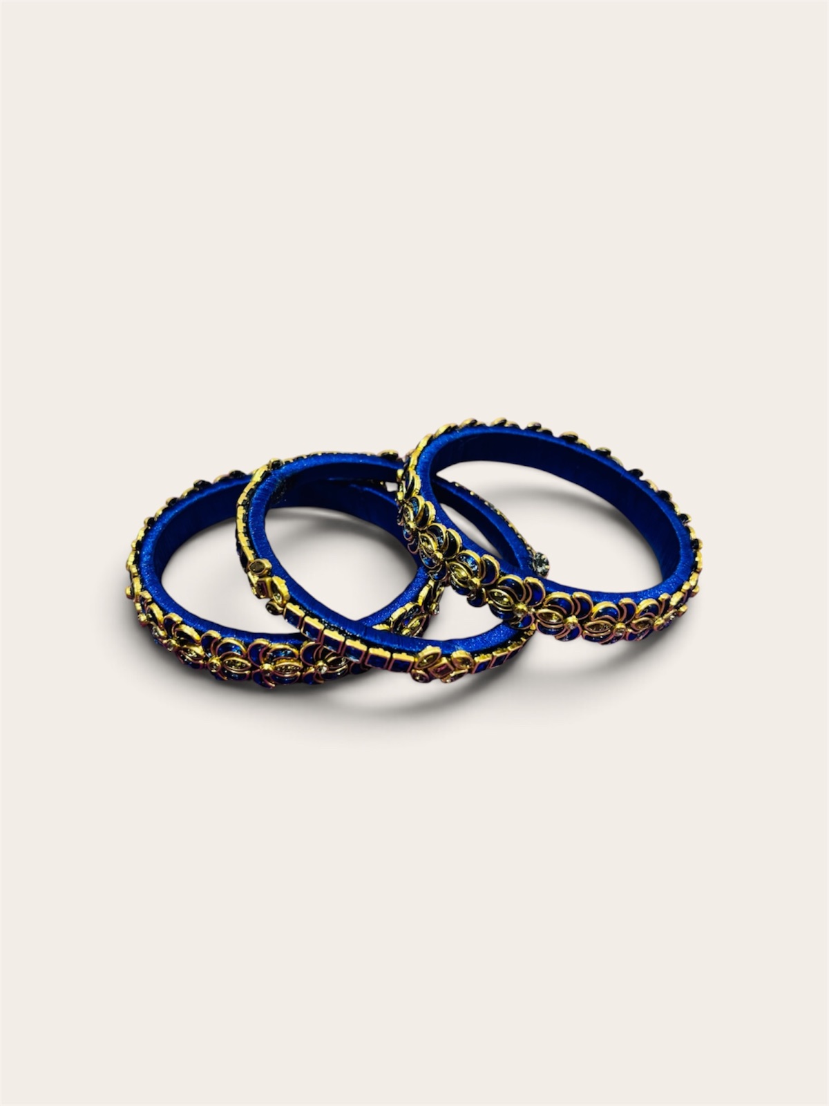 Blue Lotus Silk Thread Kundan Bangles — Royal Blue & Gold Set of 3