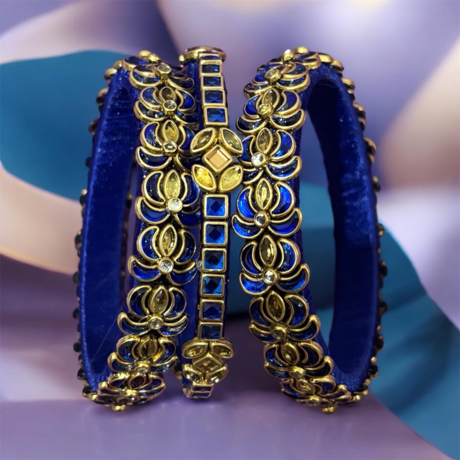 Blue Lotus Silk Thread Kundan Bangles — Royal Blue & Gold Set of 3